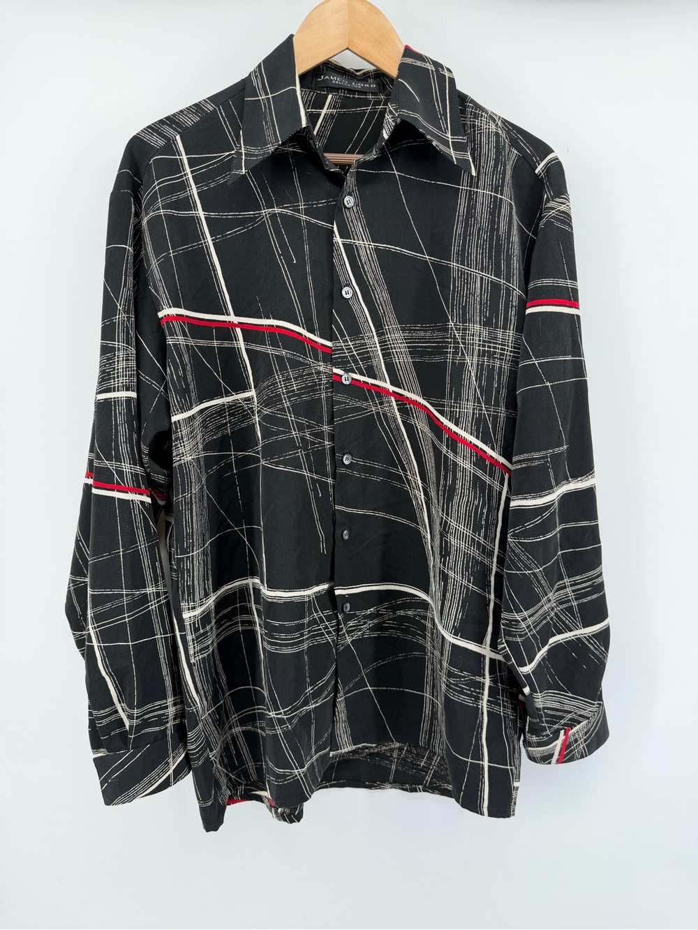 Men's Black Plaid Button-Down Shirt with Red Stripe Detail Size XL